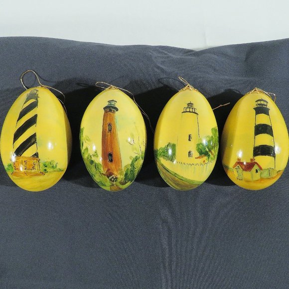Set of Four (4) Hand Painted NC Lighthouse Ornaments Egg Shells Christmas - Picture 1 of 10